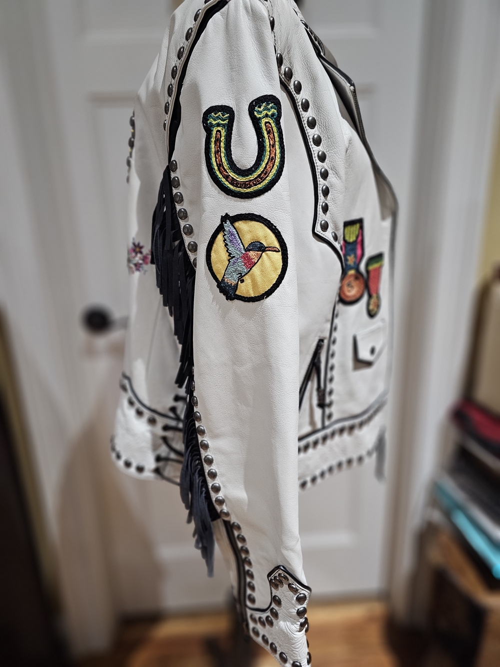 Double D Ranch "SENORITA" White Leather Fringe Studded Jacket, NWT - Picture 5 of 13